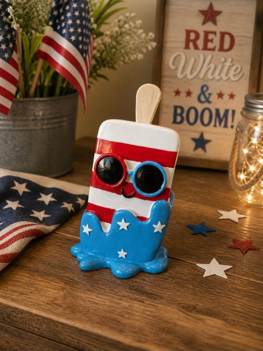 New Red Blue 4th of July Memorial Day Patriotic Popsicle W/ Sungalsses Figurine